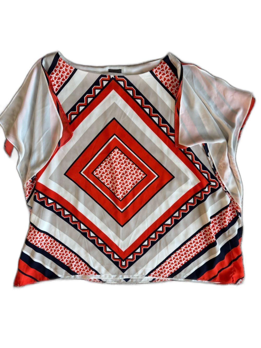 Chico's Travelers L/XL Orange White Geometric Diamond Poncho Flutter Sleeve top